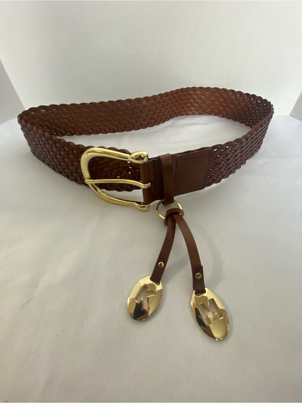 MICHAEL Michael Kors Brown Woven Leather Belt with Gold Hardware Size Medium